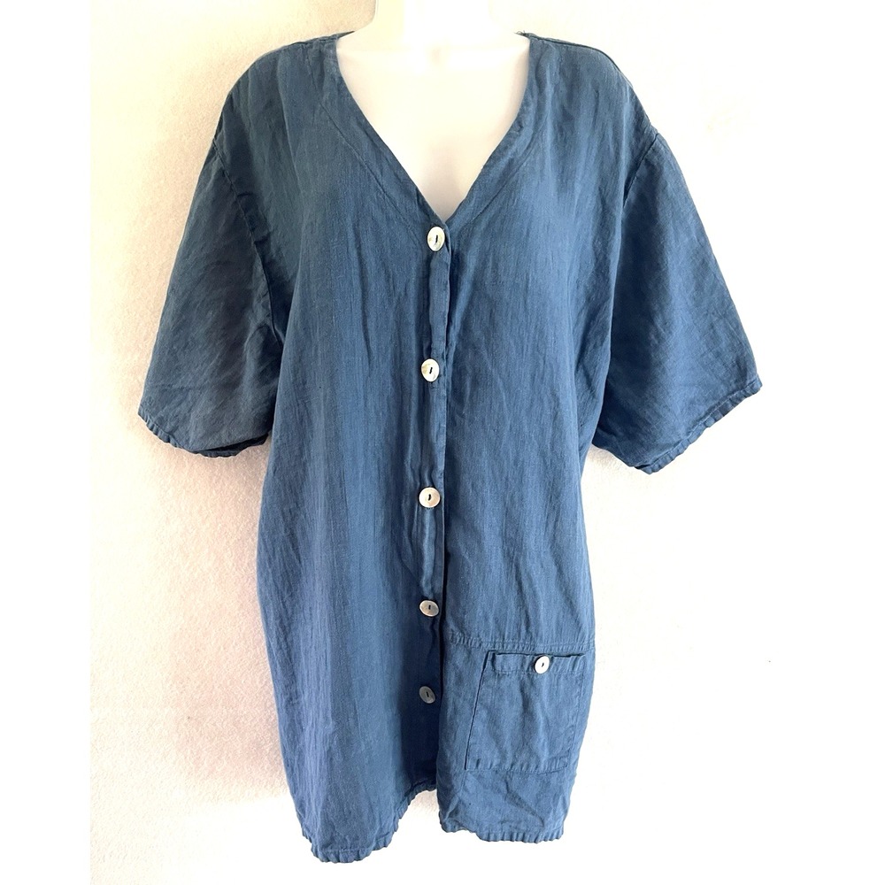 Fern Brattex Coastal Grandmother Blue 100% Linen Top 3X Lagenlook Minimalist